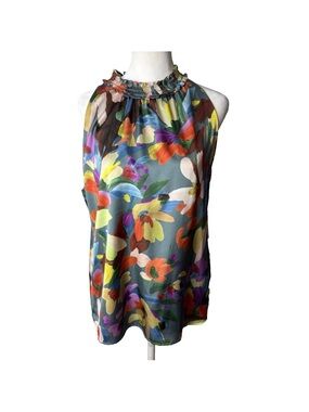 THML Sleeveless Blouse Size Medium Top Abstract Floral Brushstroke Style Blooms